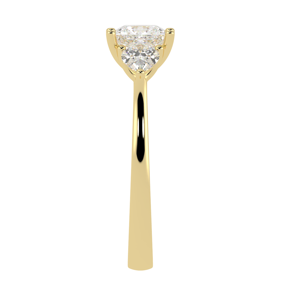 Princess &amp; Pear Three Stone Ring in yellow gold, side view