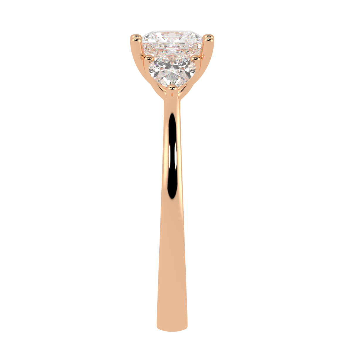 Princess &amp; Pear Three Stone Ring in rose gold, side view