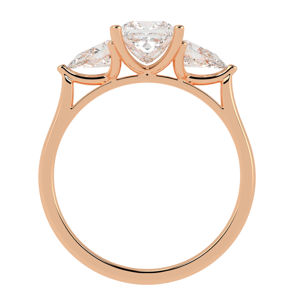 Princess &amp; Pear Three Stone Ring in rose gold, flat view