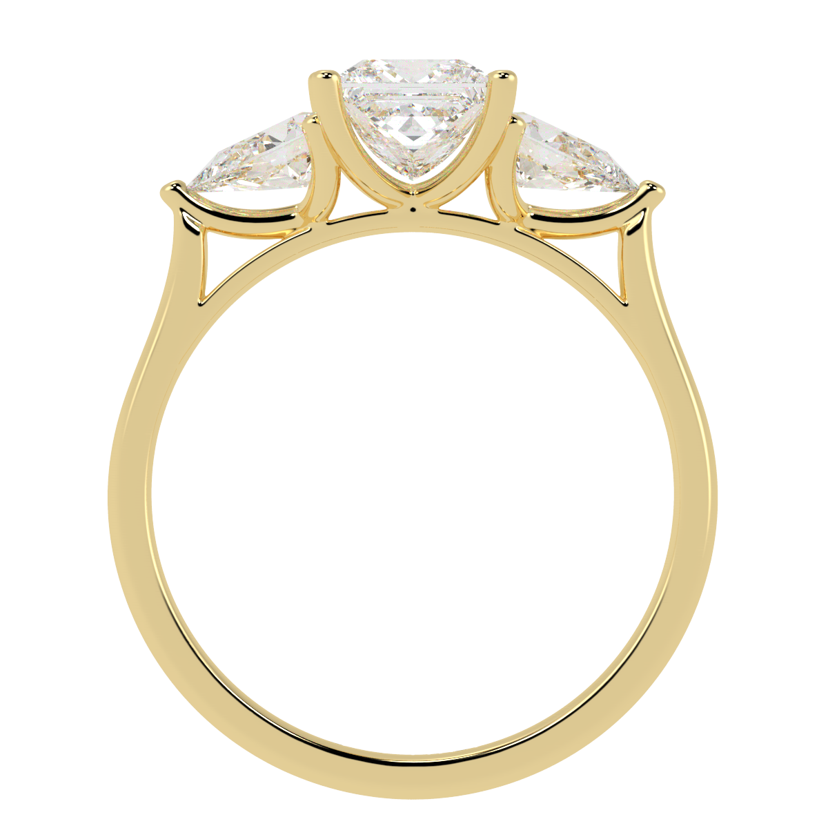 Princess &amp; Pear Three Stone Ring in yellow gold, flat view