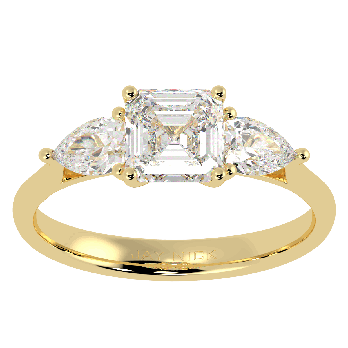 Asscher &amp; Pear Three Stone Ring in yellow gold, top view