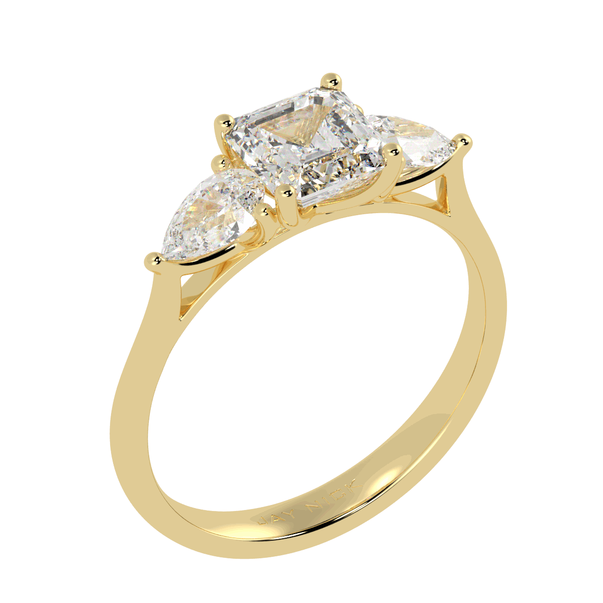 Asscher &amp; Pear Three Stone Ring in yellow gold, perspective view