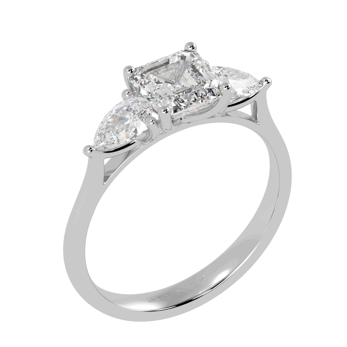 Asscher &amp; Pear Three Stone Ring in white gold or platinum, perspective view