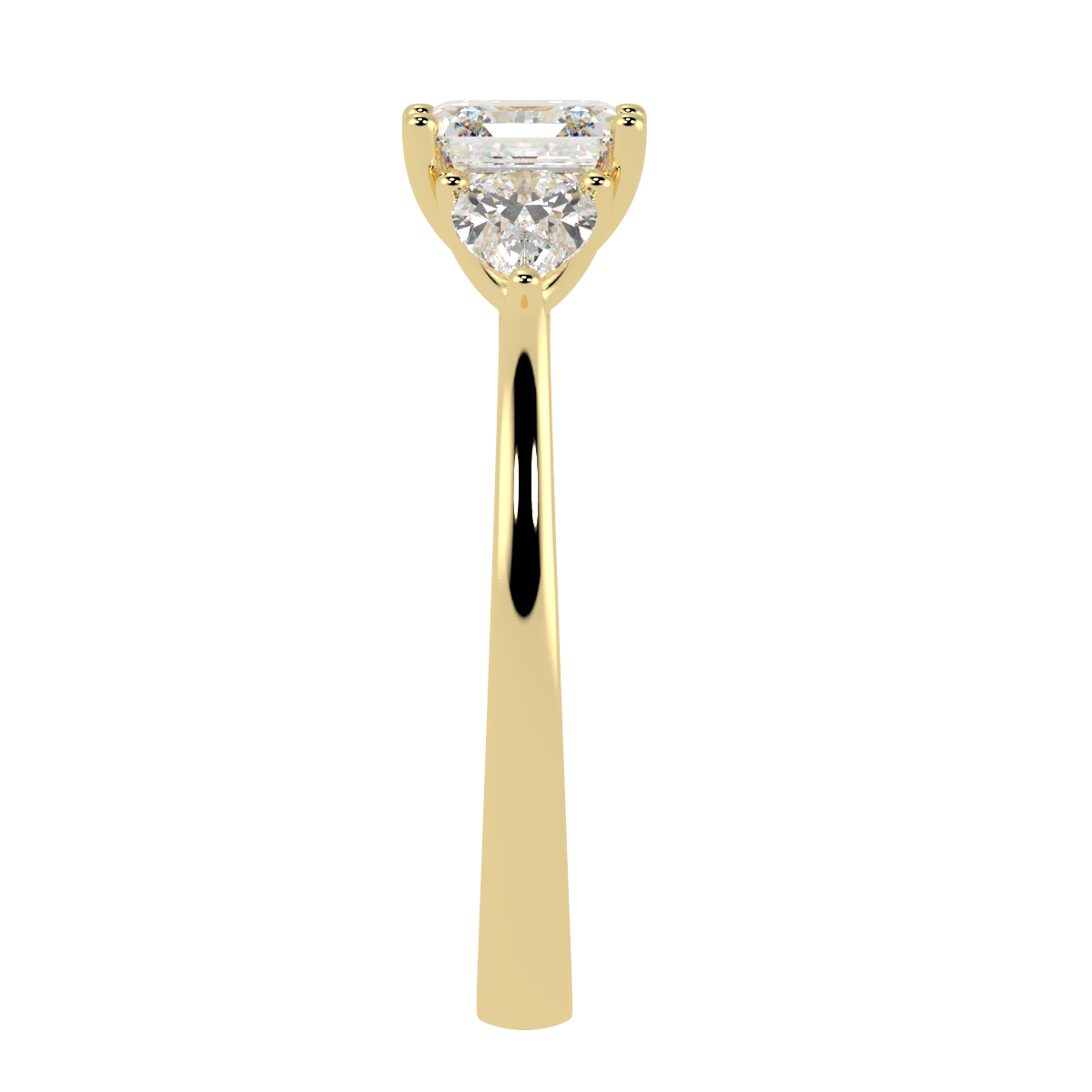 Asscher &amp; Pear Three Stone Ring in yellow gold, side view