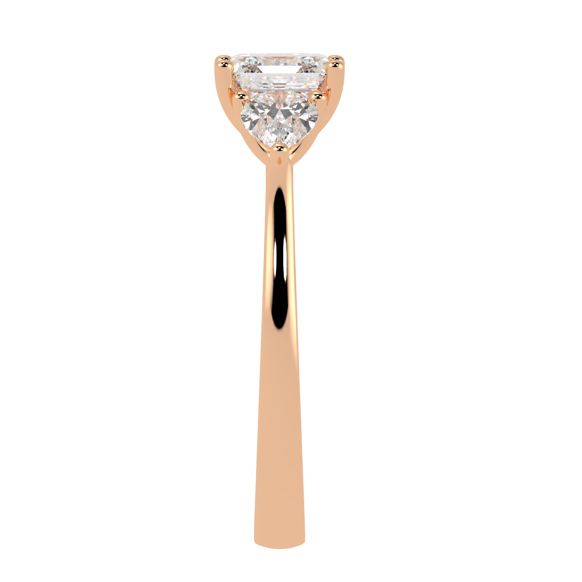 Asscher &amp; Pear Three Stone Ring in rose gold, side view