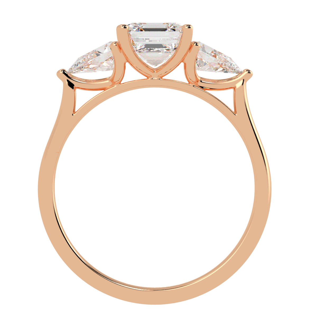 Asscher &amp; Pear Three Stone Ring in rose gold, flat view
