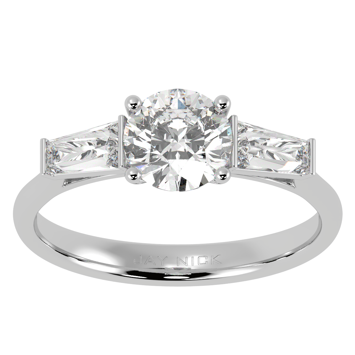 Round &amp; Baguette Three Stone Ring in white gold or platinum, top view