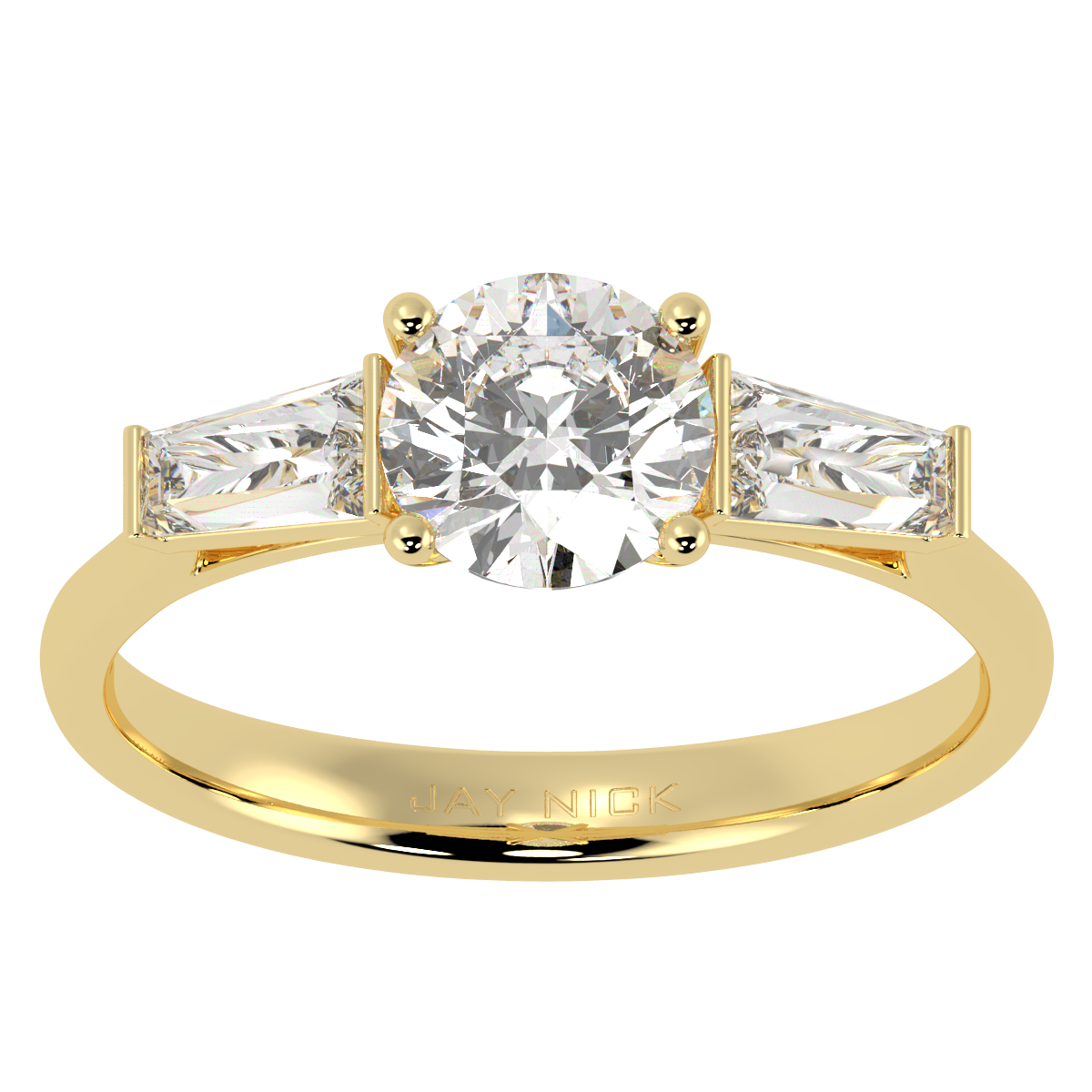 Round &amp; Baguette Three Stone Ring in yellow gold, top view