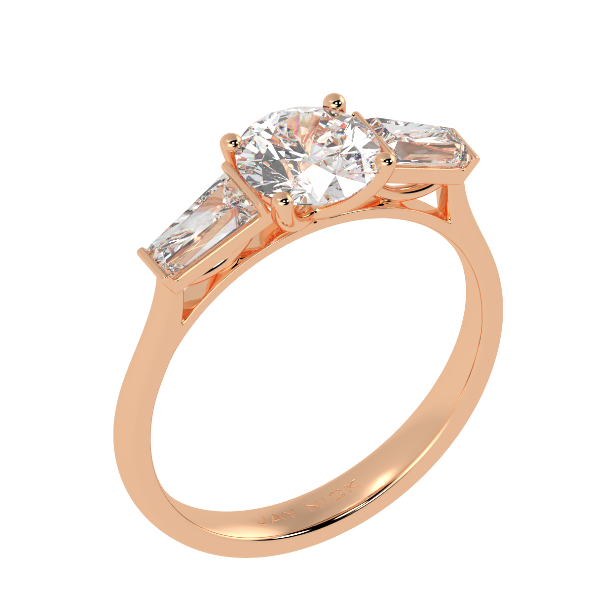 Round &amp; Baguette Three Stone Ring in rose gold, perspective view