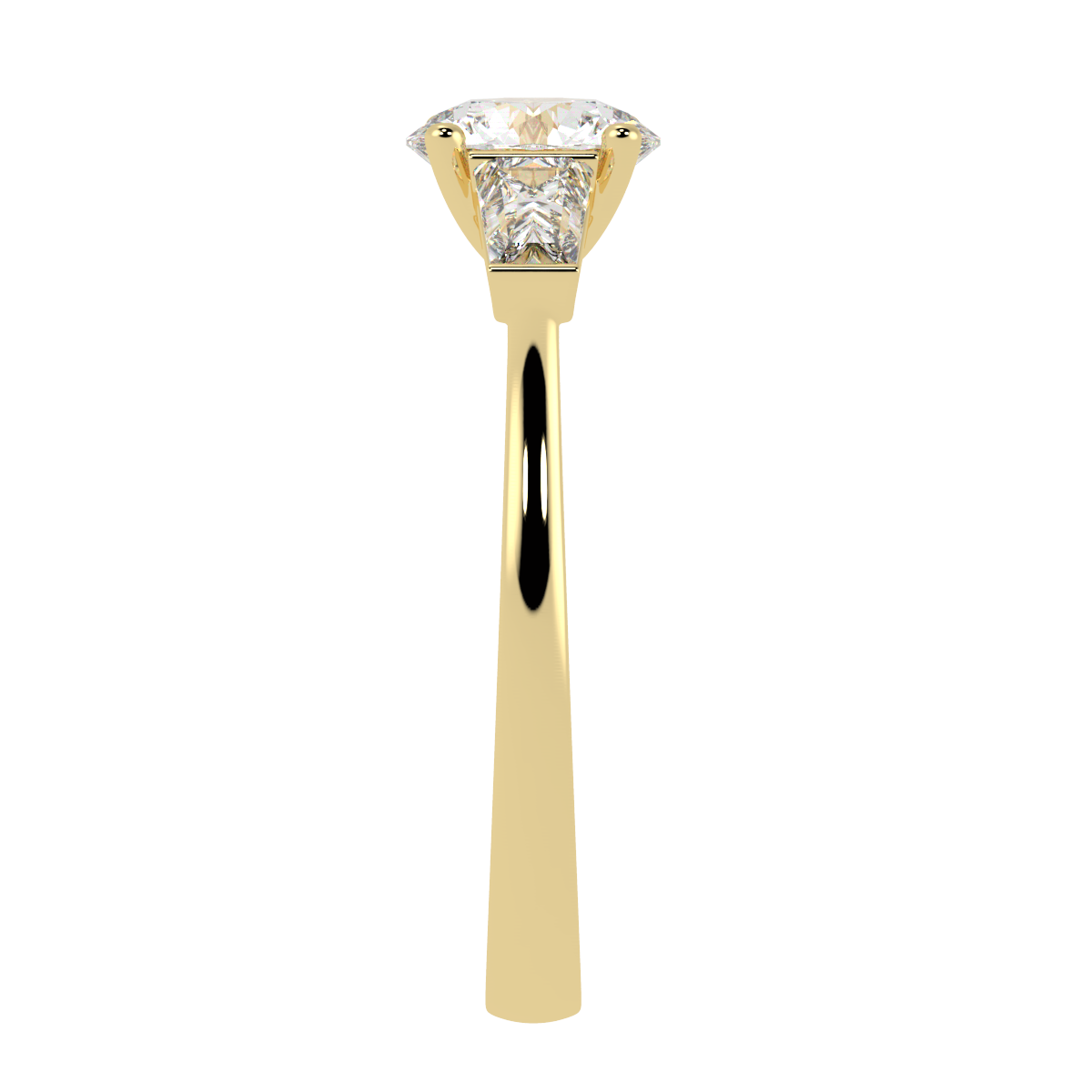 Round &amp; Baguette Three Stone Ring in yellow gold, side view