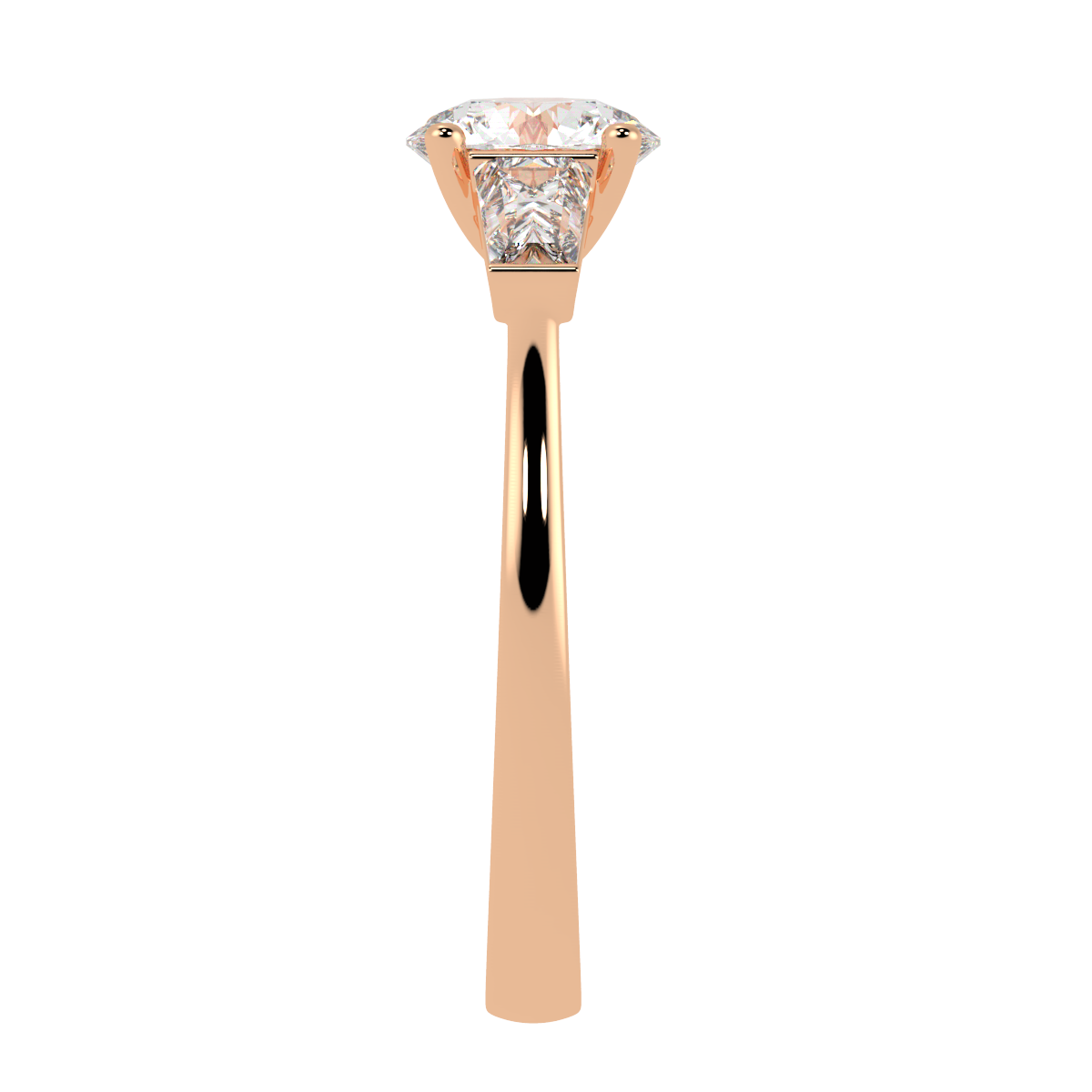 Round &amp; Baguette Three Stone Ring in rose gold, side view