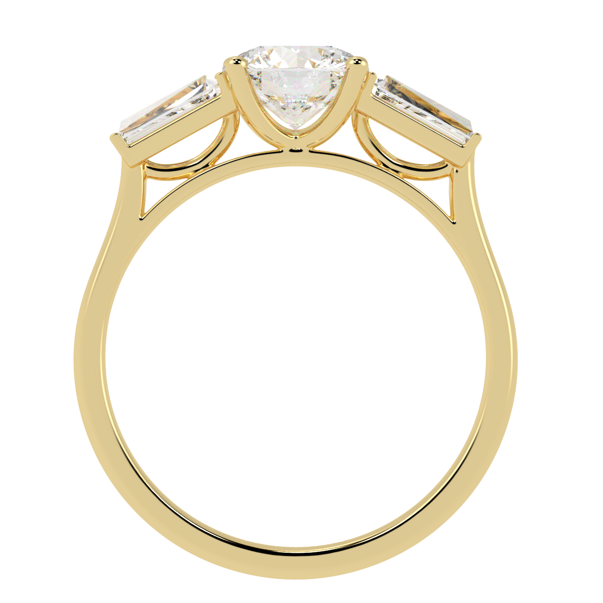 Round &amp; Baguette Three Stone Ring in yellow gold, flat view