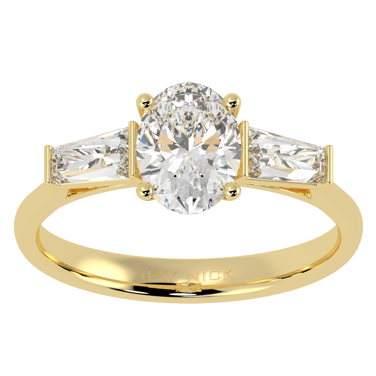 Oval &amp; Baguette Three Stone Ring in yellow gold, top view