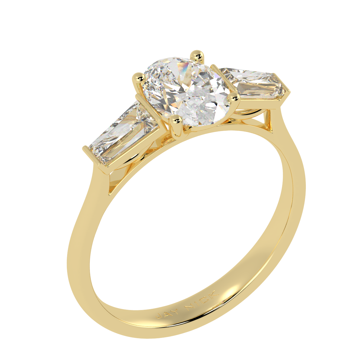 Oval &amp; Baguette Three Stone Ring in yellow gold, perspective view