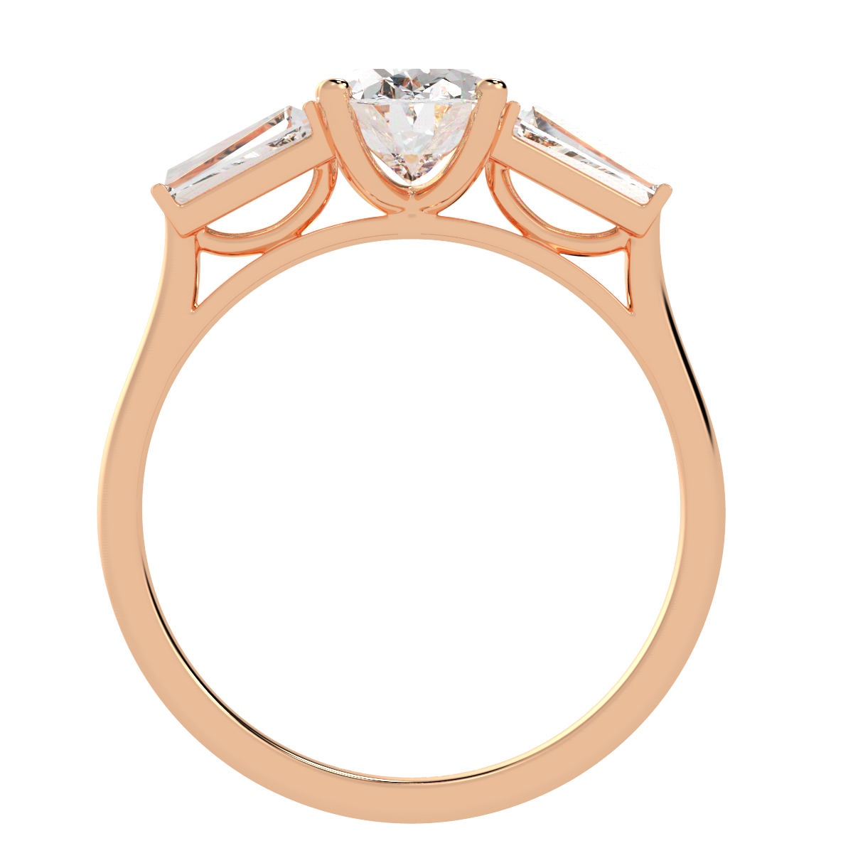 Oval &amp; Baguette Three Stone Ring in rose gold, flat view