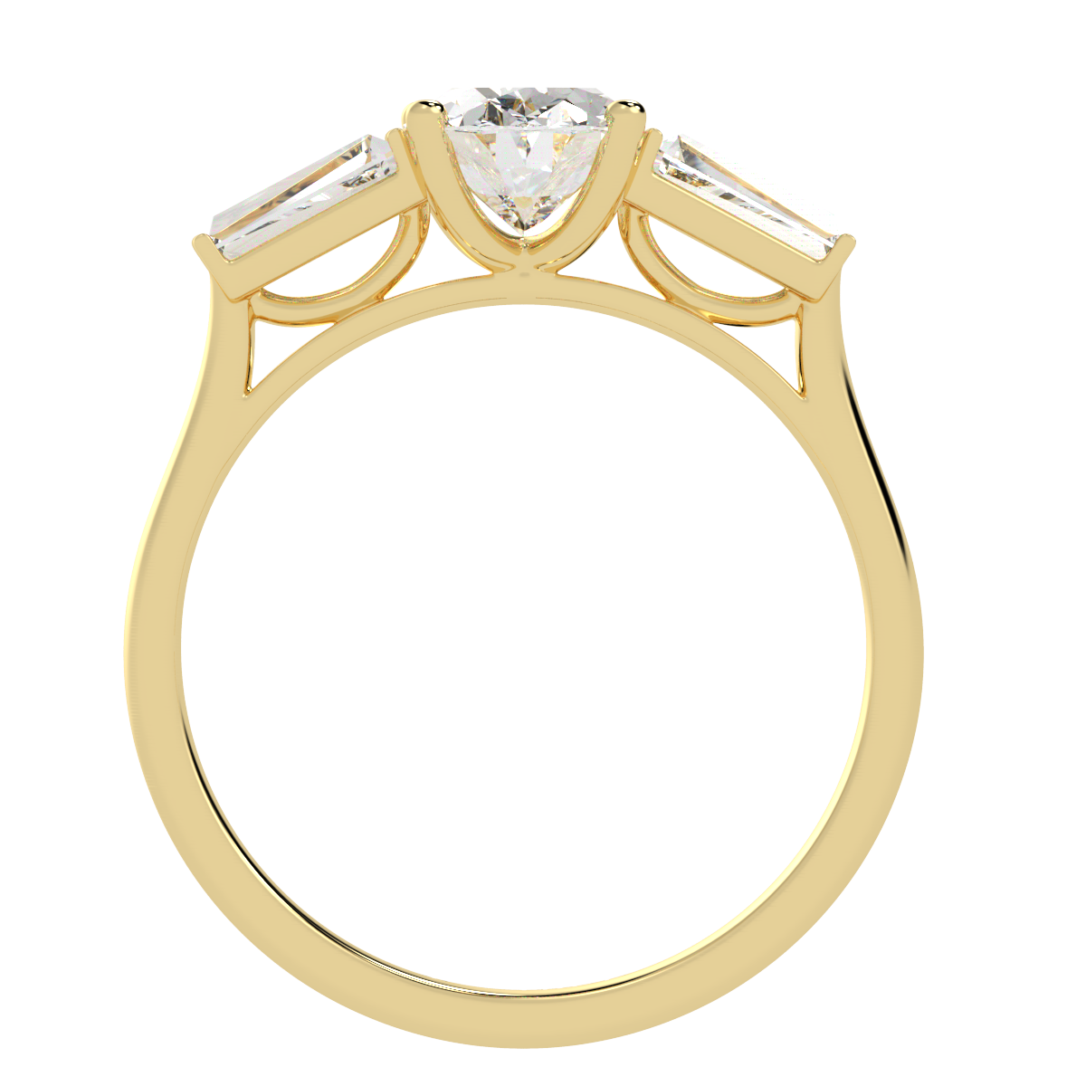 Oval &amp; Baguette Three Stone Ring in yellow gold, flat view