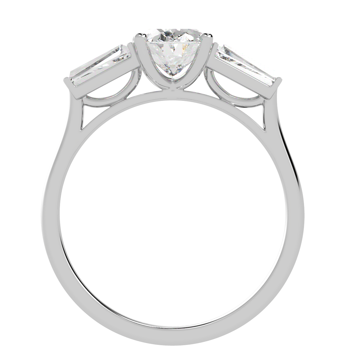Oval &amp; Baguette Three Stone Ring in white gold or platinum, flat view