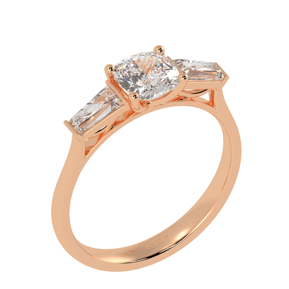 Cushion &amp; Baguette Three Stone Ring in rose gold, perspective view