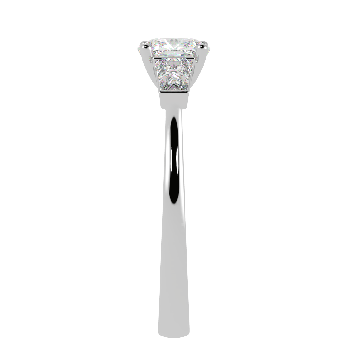 Cushion &amp; Baguette Three Stone Ring in white gold or platinum, side view