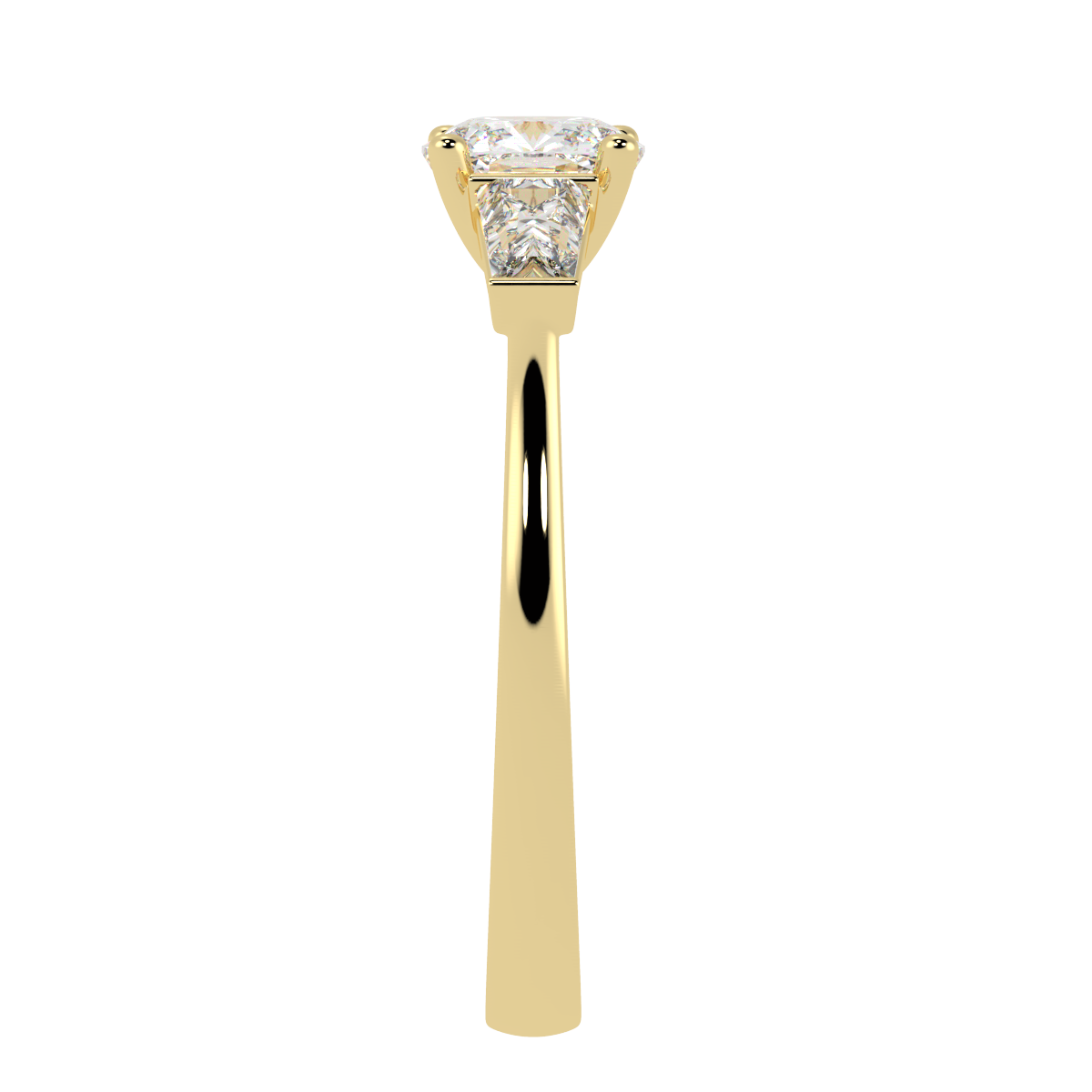 Cushion &amp; Baguette Three Stone Ring in yellow gold, side view
