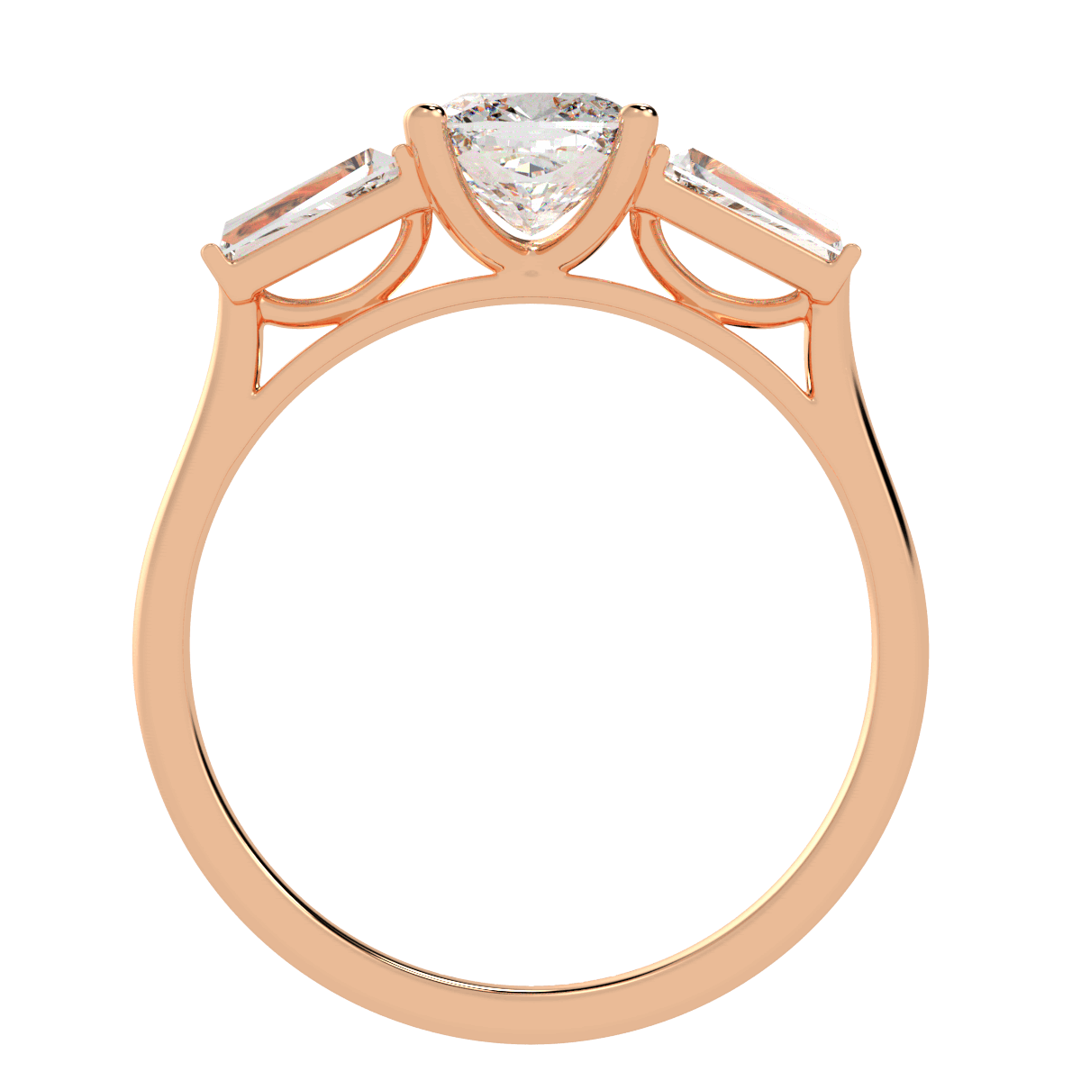 Cushion &amp; Baguette Three Stone Ring in rose gold, flat view