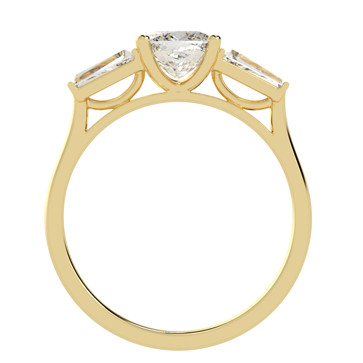 Cushion &amp; Baguette Three Stone Ring in yellow gold, flat view