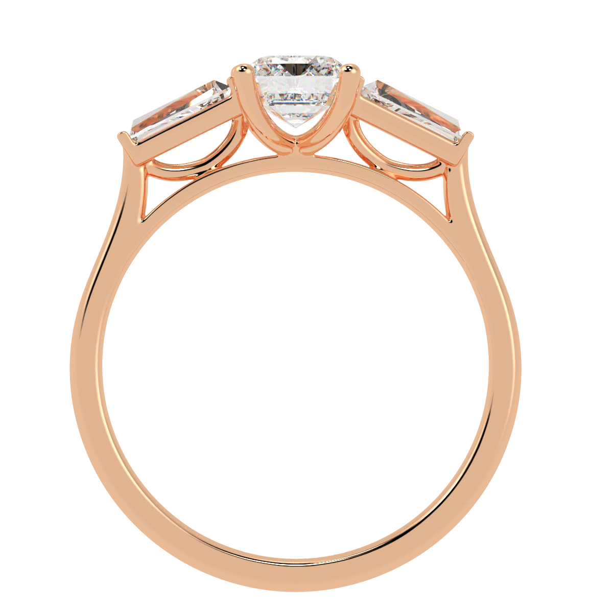 Emerald &amp; Baguette Three Stone Ring in rose gold, flat view