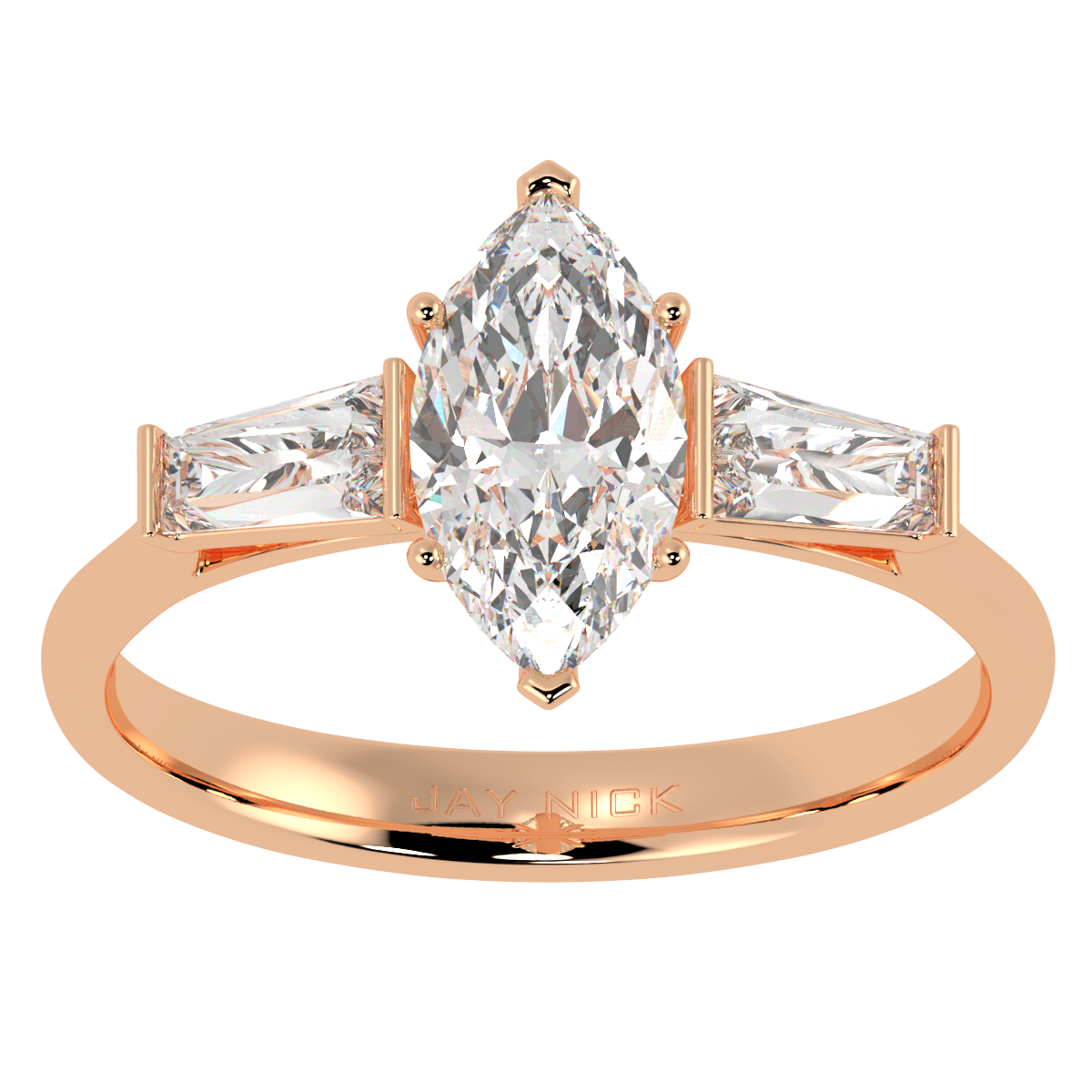 Marquise &amp; Baguette Three Stone Ring in rose gold, top view