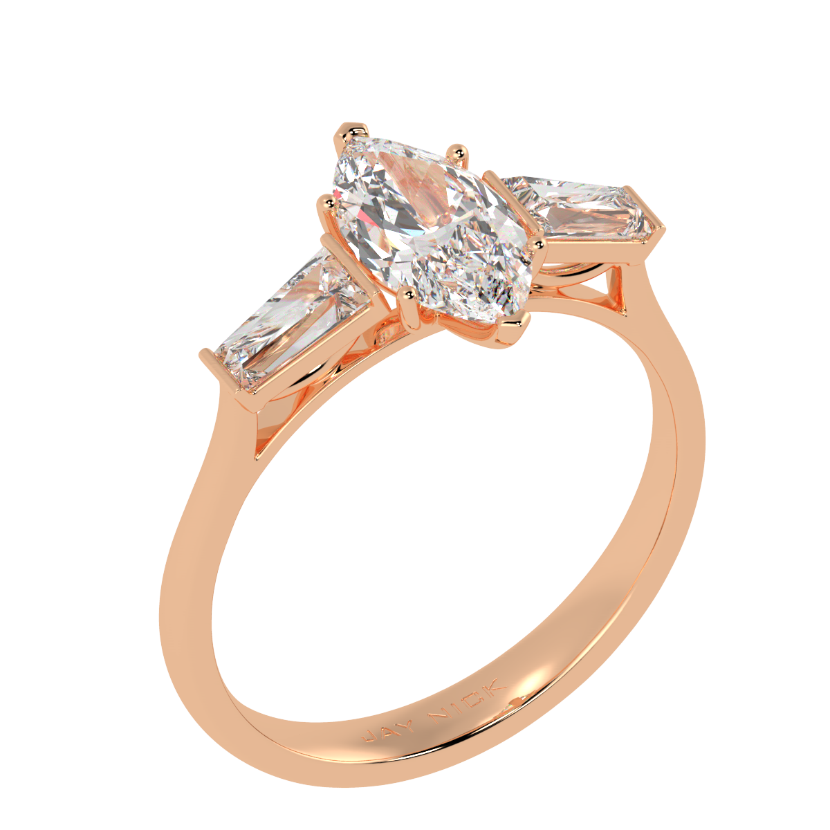 Marquise &amp; Baguette Three Stone Ring in rose gold, perspective view