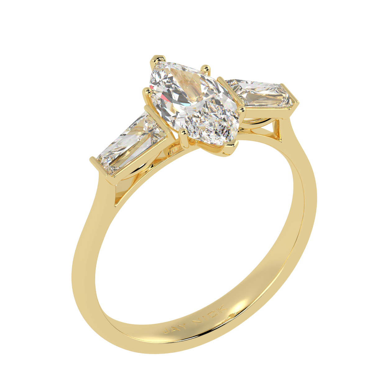 Marquise &amp; Baguette Three Stone Ring in yellow gold, perspective view