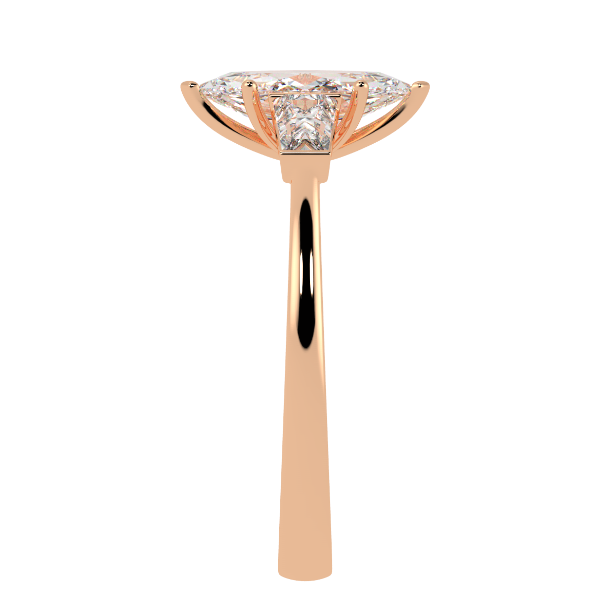Marquise &amp; Baguette Three Stone Ring in rose gold, side view