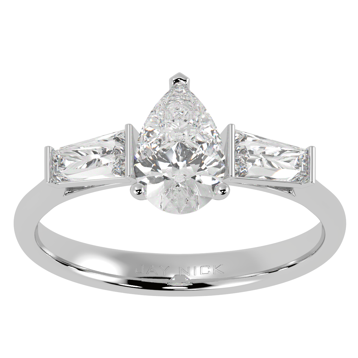 Pear &amp; Baguette Three Stone Ring in white gold or platinum, top view