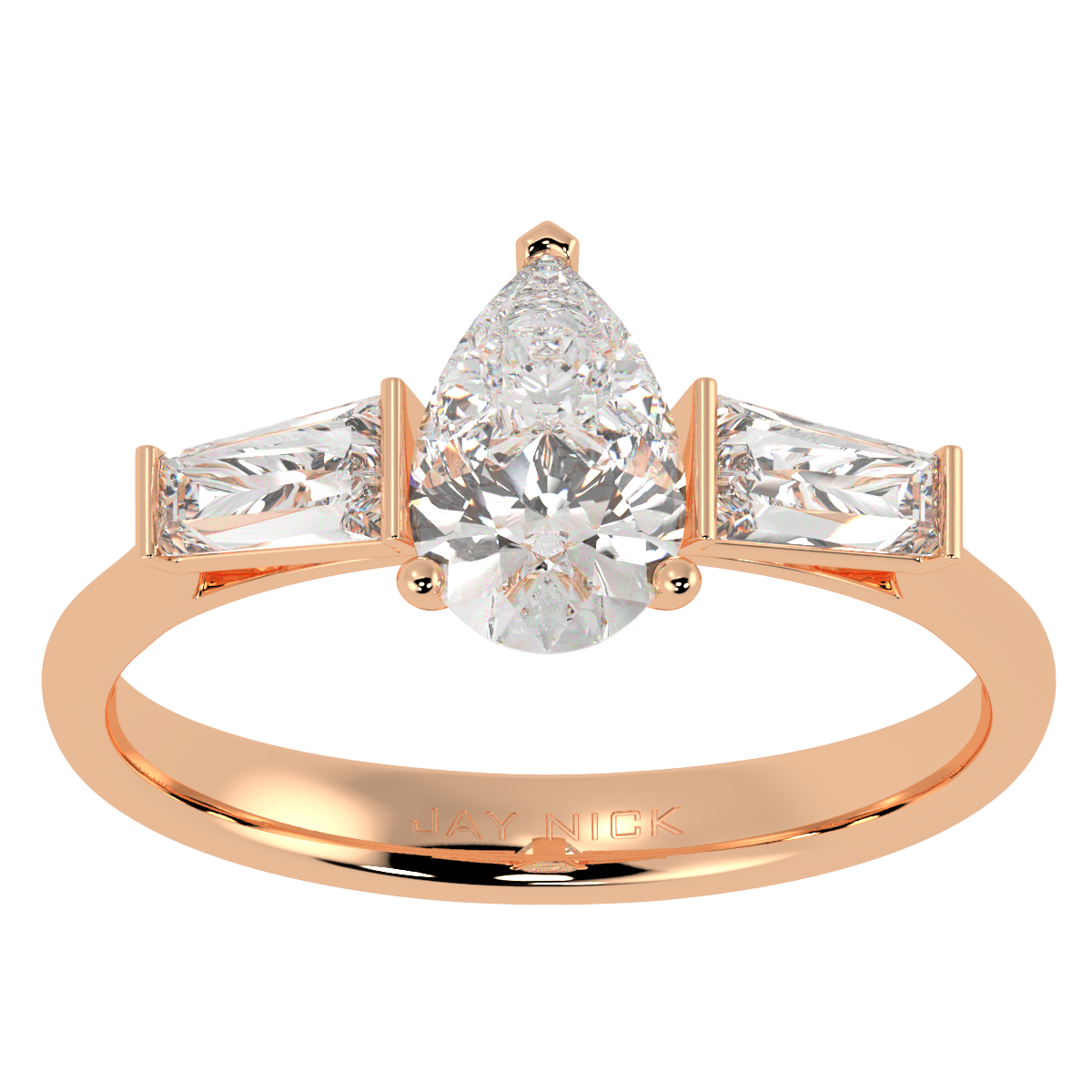 Pear &amp; Baguette Three Stone Ring in rose gold, top view