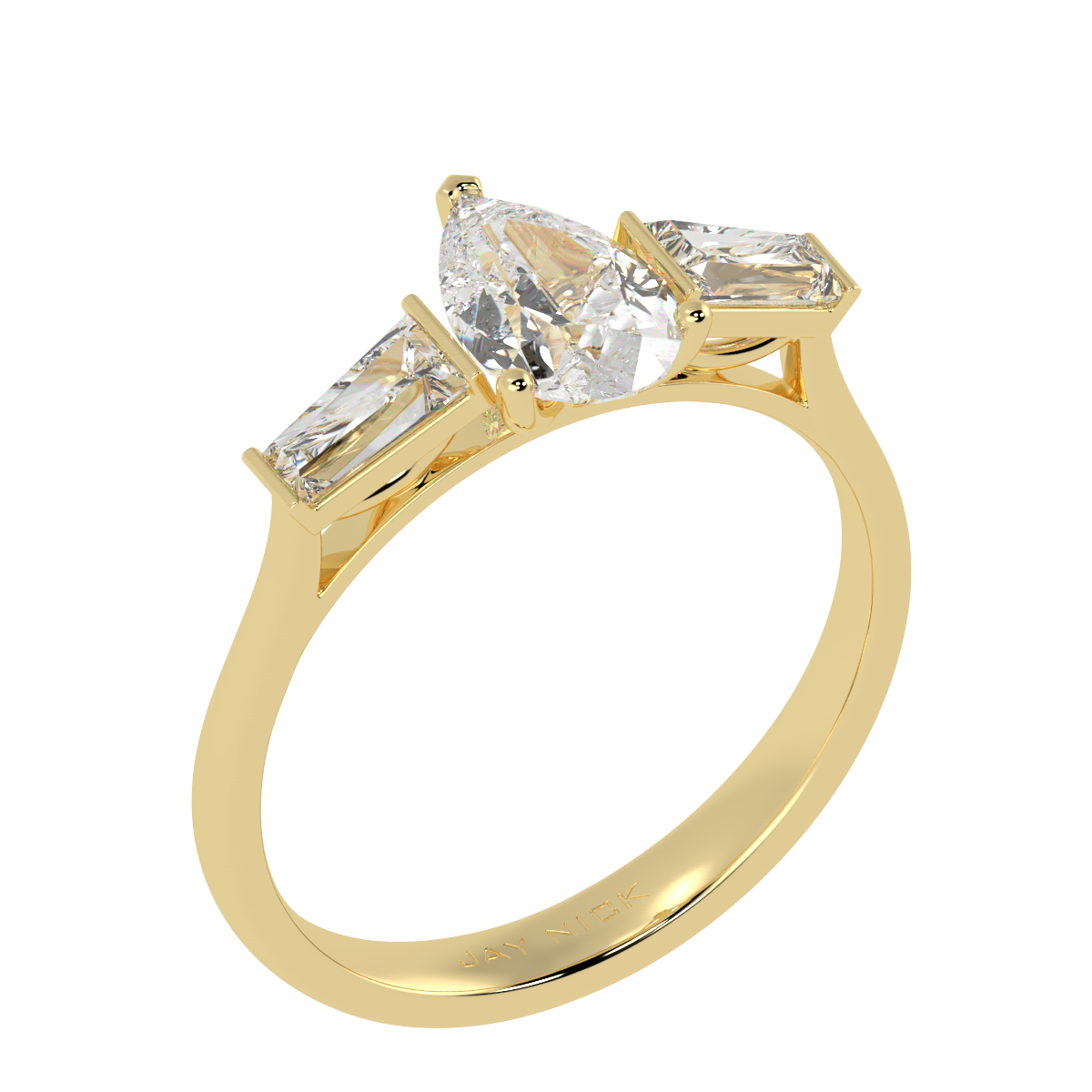 Pear &amp; Baguette Three Stone Ring in yellow gold, perspective view