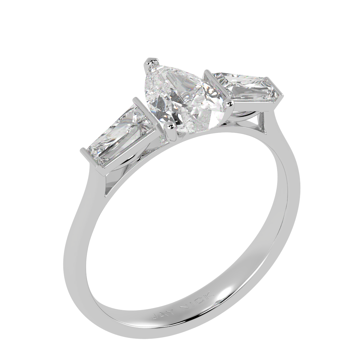 Pear &amp; Baguette Three Stone Ring in white gold or platinum, perspective view