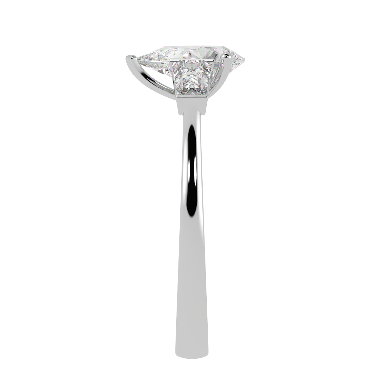Pear &amp; Baguette Three Stone Ring in white gold or platinum, side view