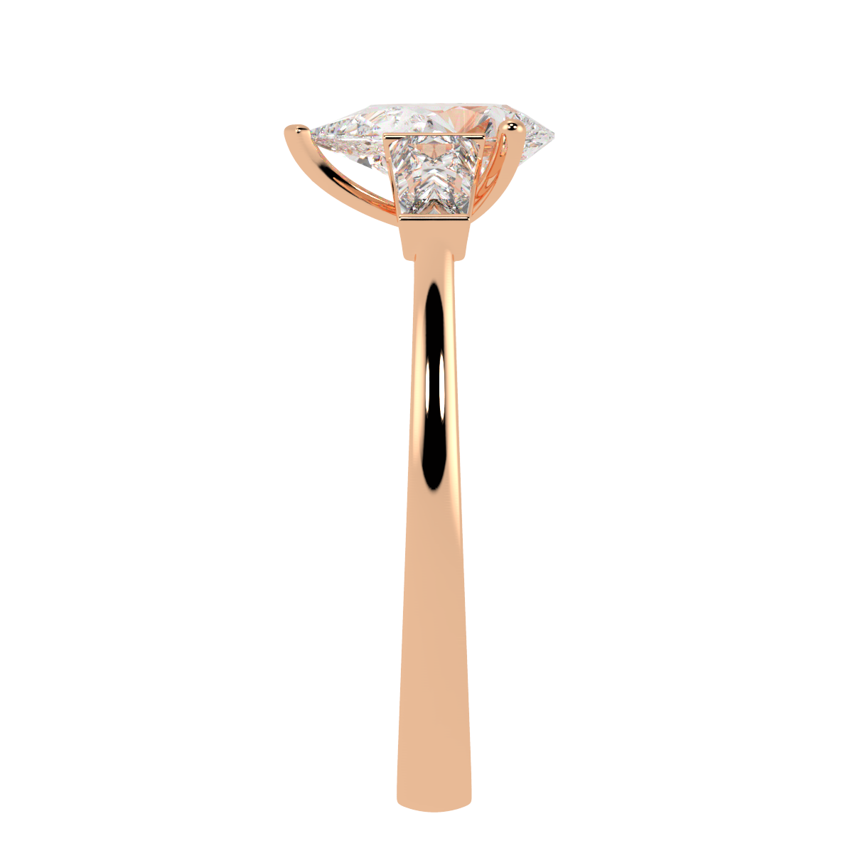 Pear &amp; Baguette Three Stone Ring in rose gold, side view