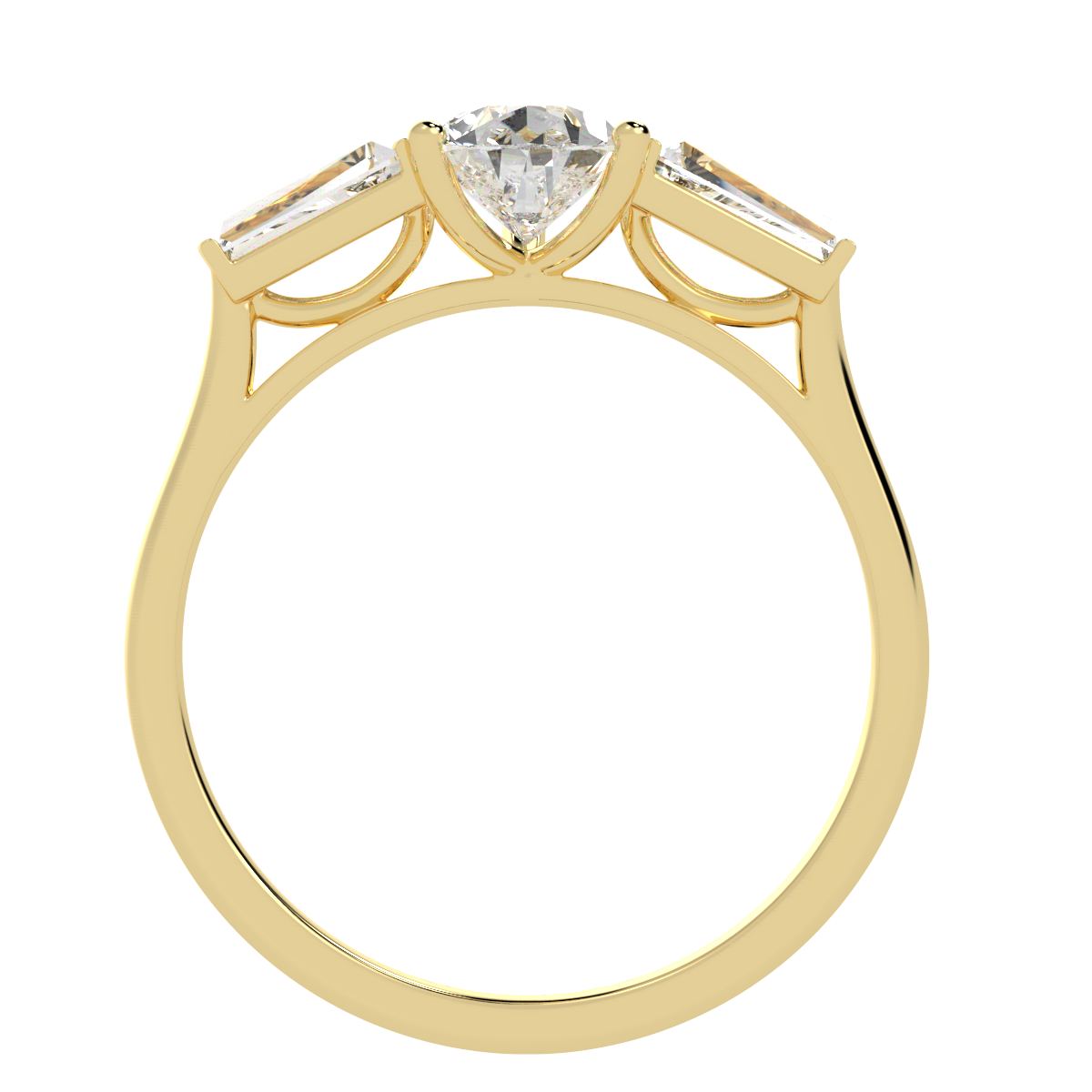 Pear &amp; Baguette Three Stone Ring in yellow gold, flat view