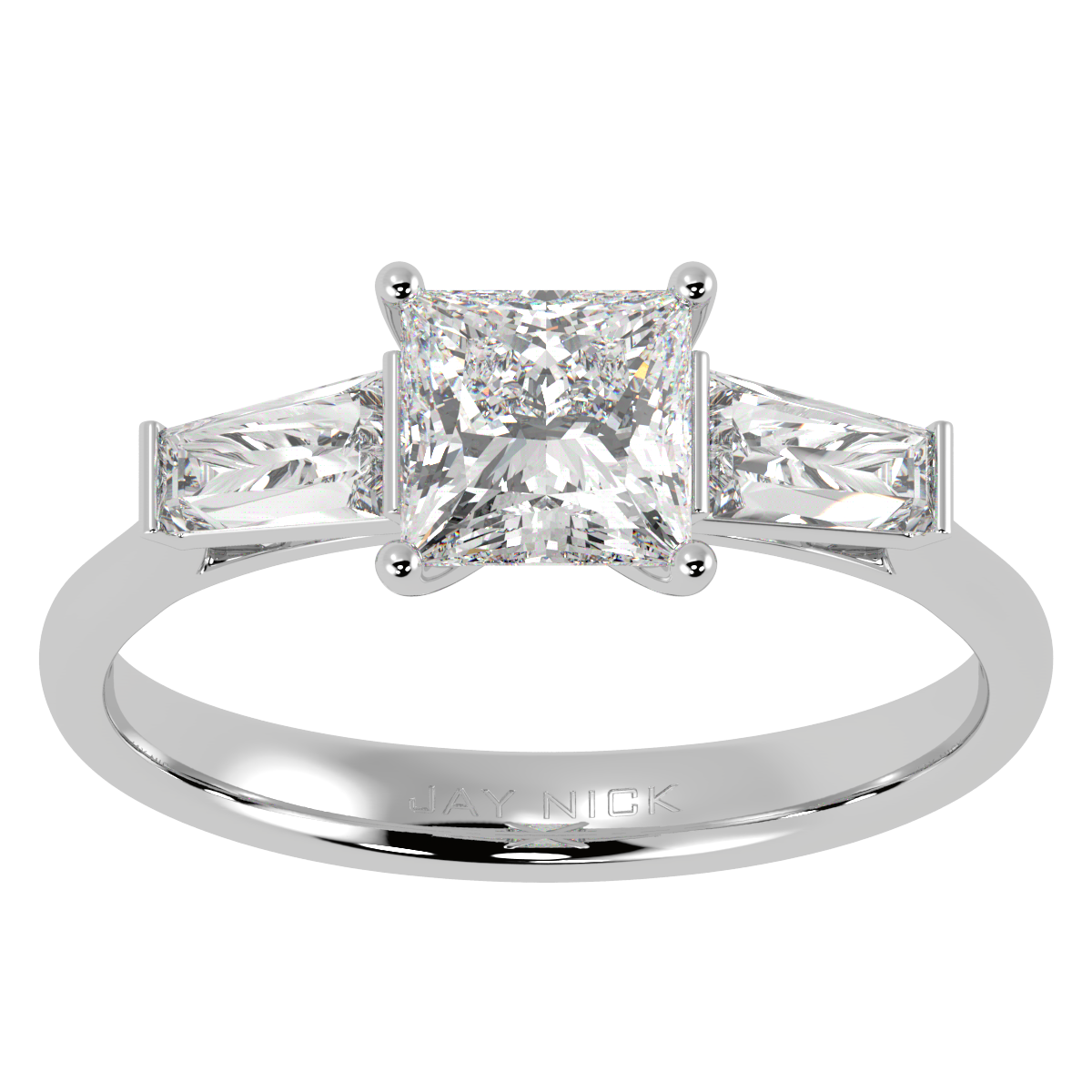 Princess &amp; Baguette Three Stone Ring in white gold or platinum, top view
