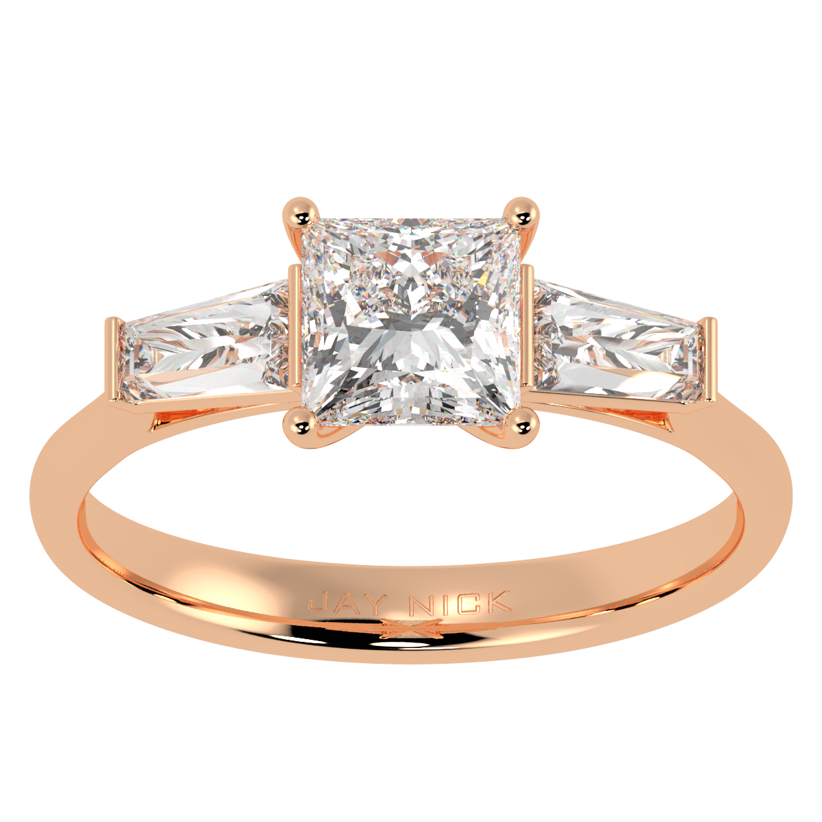 Princess &amp; Baguette Three Stone Ring in rose gold, top view