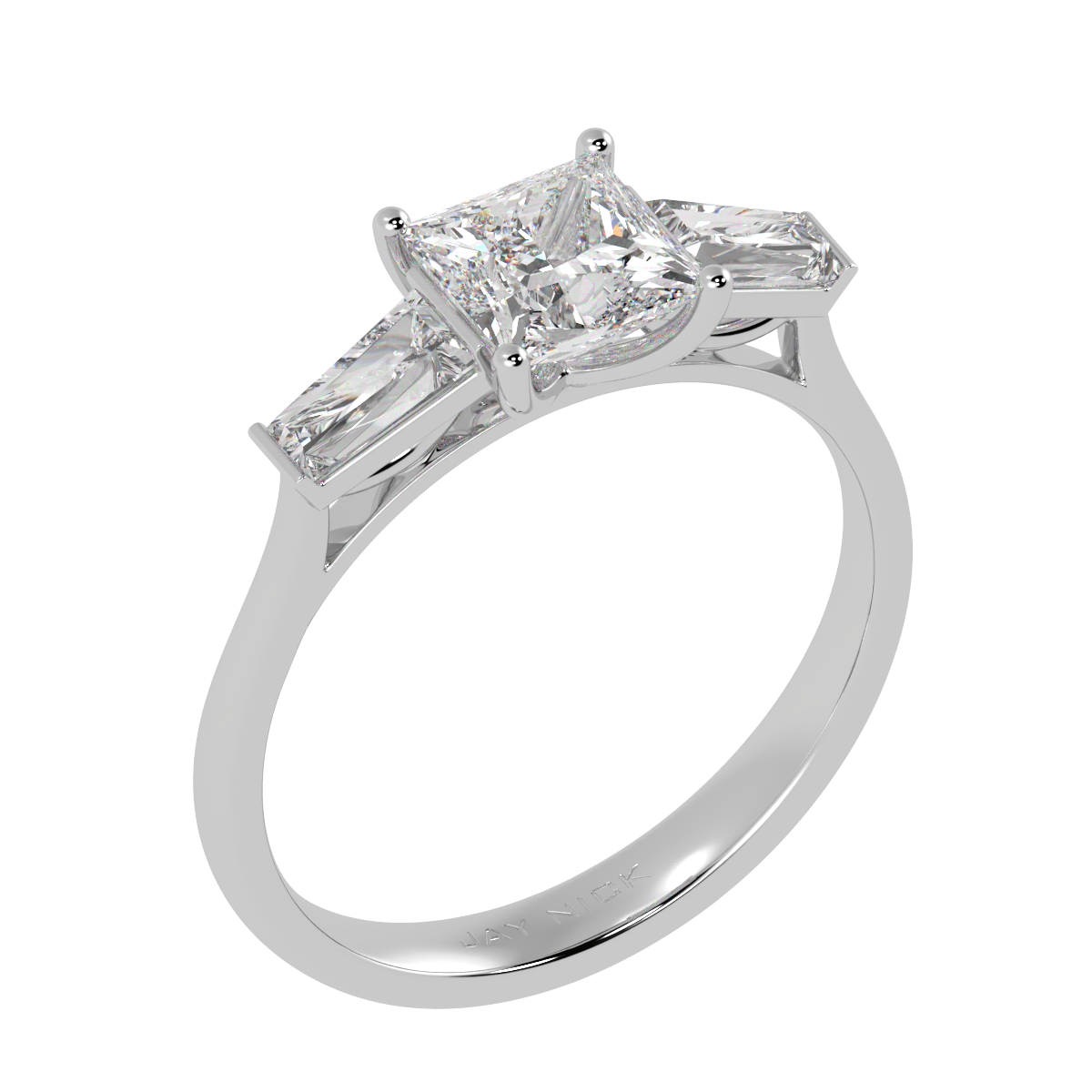 Princess &amp; Baguette Three Stone Ring in white gold or platinum, perspective view