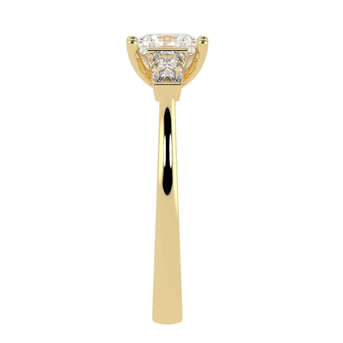 Princess &amp; Baguette Three Stone Ring in yellow gold, side view