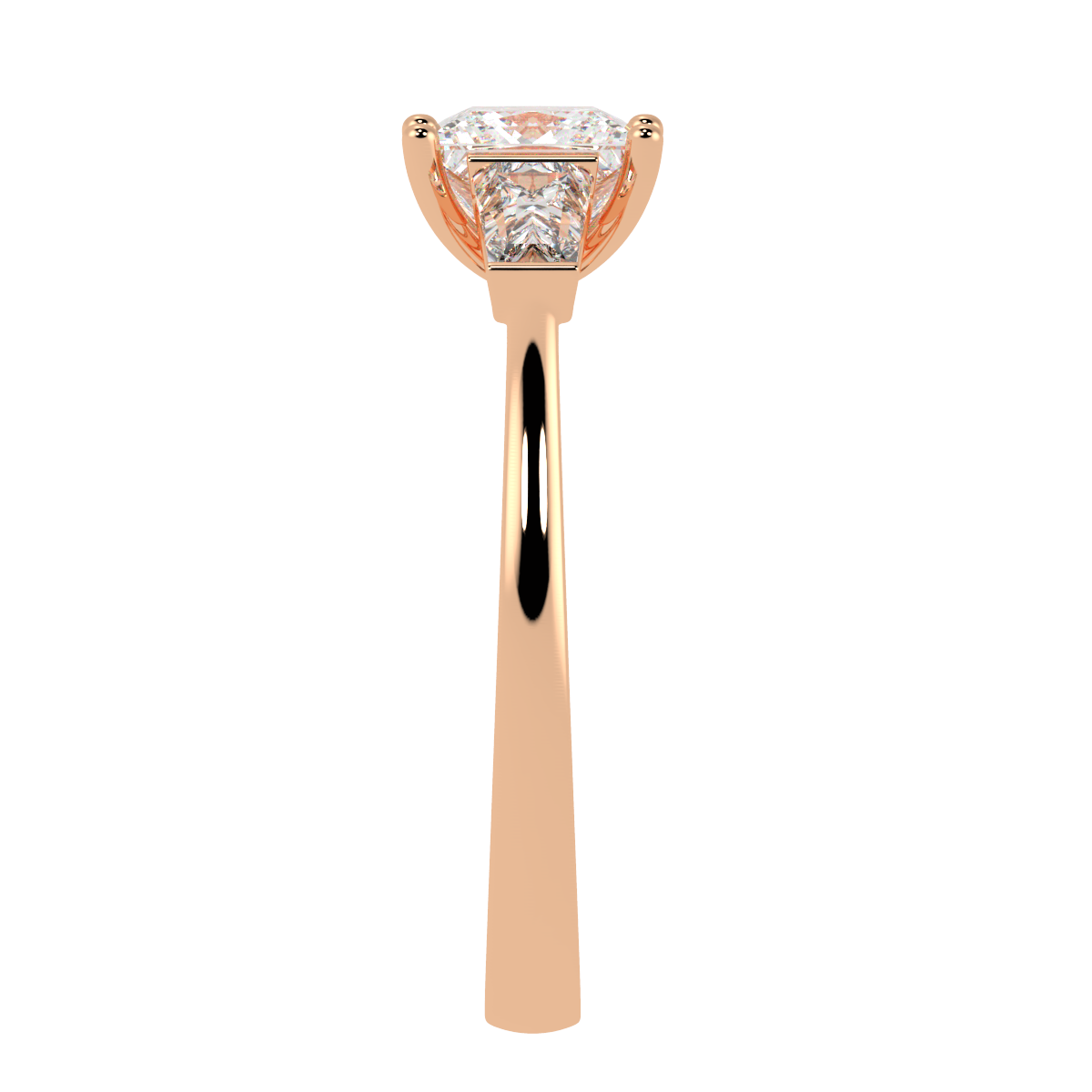 Princess &amp; Baguette Three Stone Ring in rose gold, side view