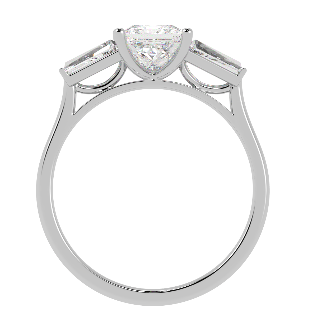 Princess &amp; Baguette Three Stone Ring in white gold or platinum, flat view