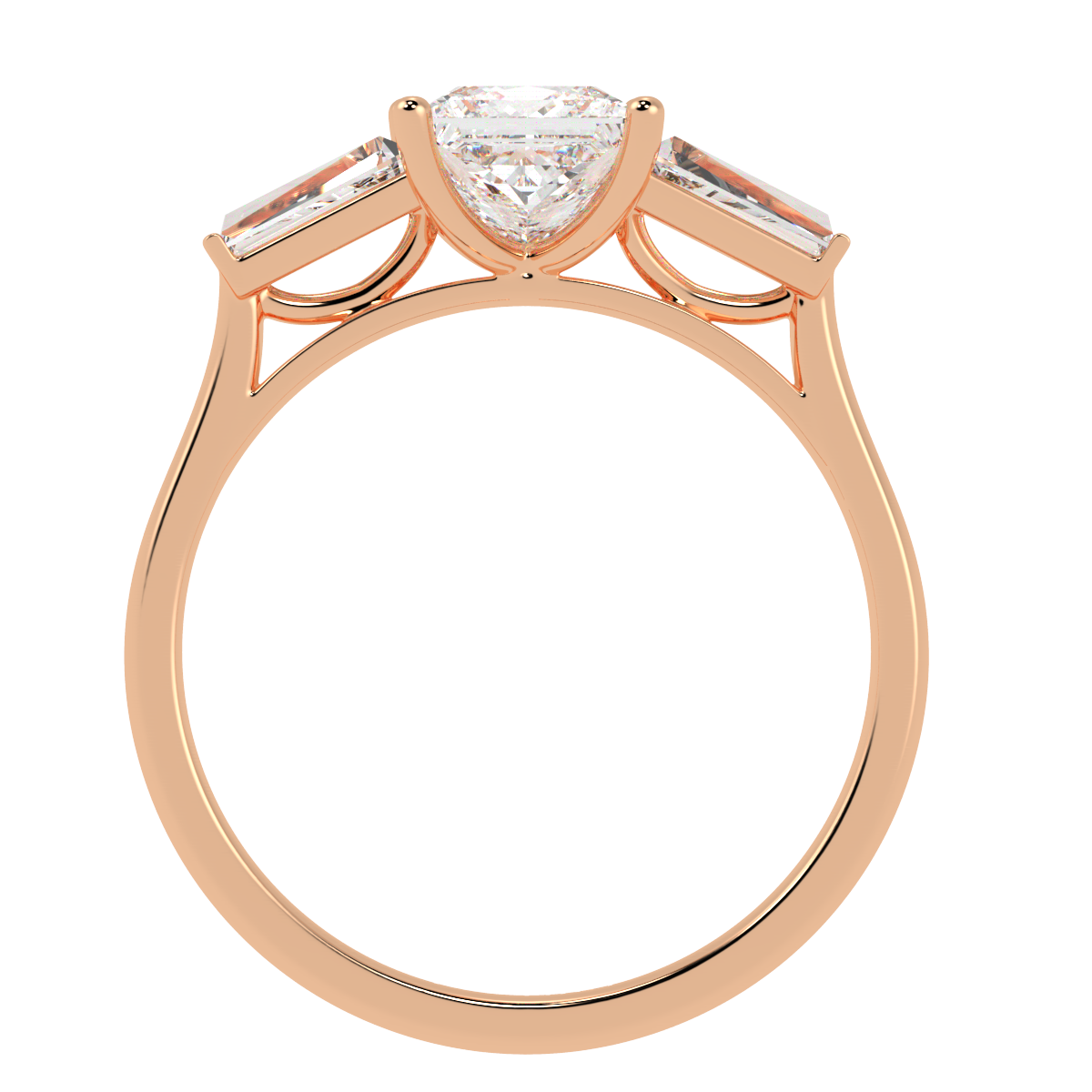 Princess &amp; Baguette Three Stone Ring in rose gold, flat view