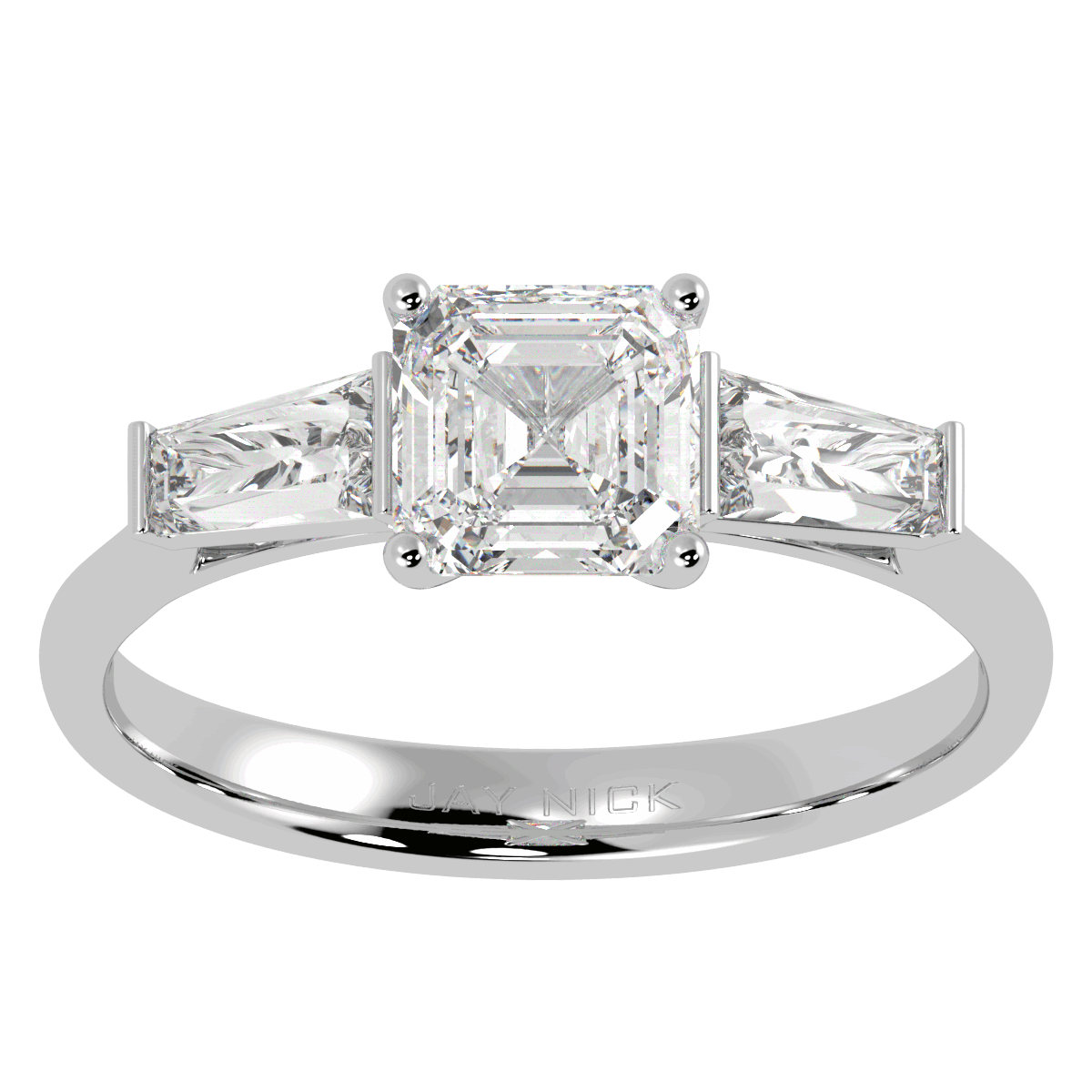 Asscher &amp; Baguette Three Stone Ring in white gold or platinum, top view