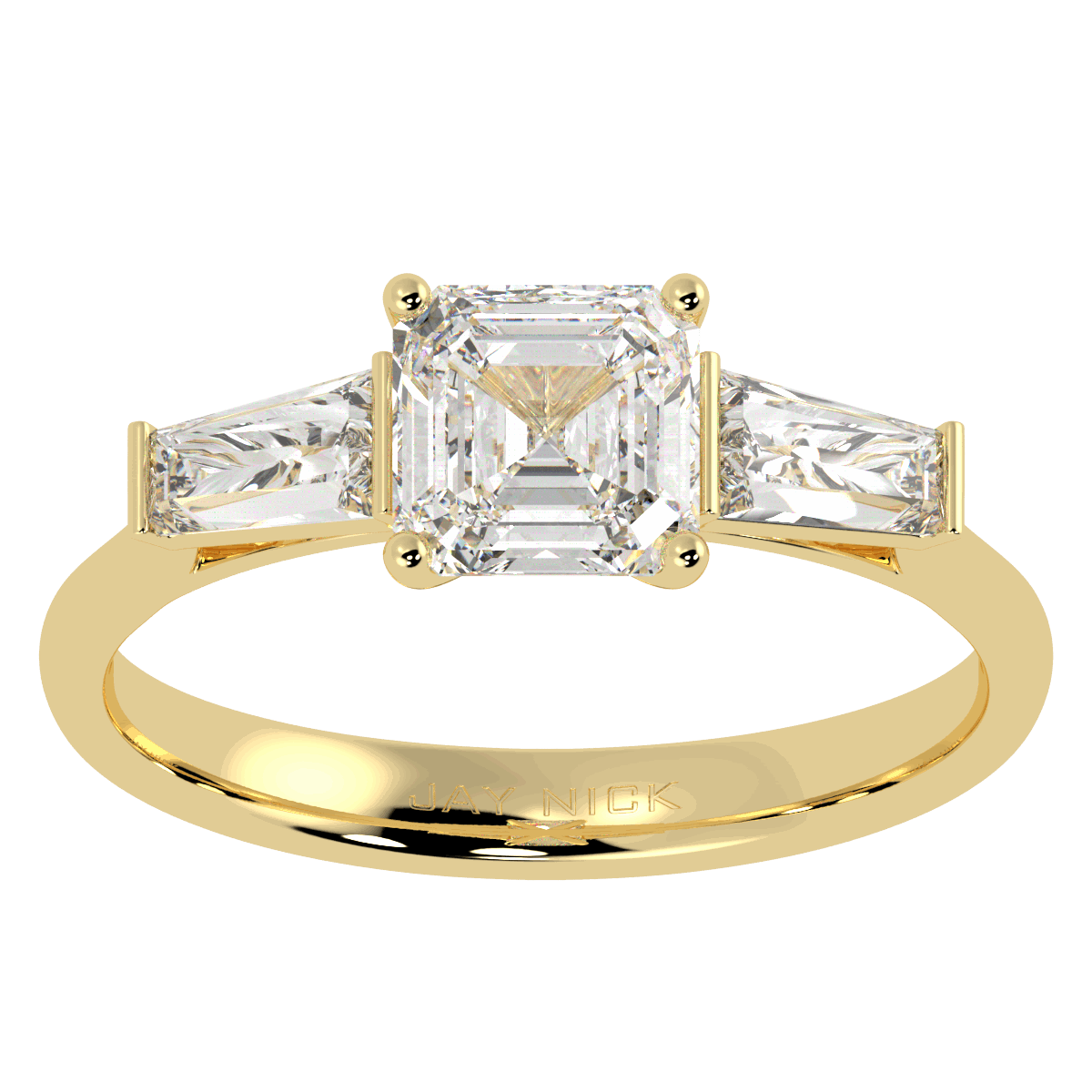 Asscher &amp; Baguette Three Stone Ring in yellow gold, top view