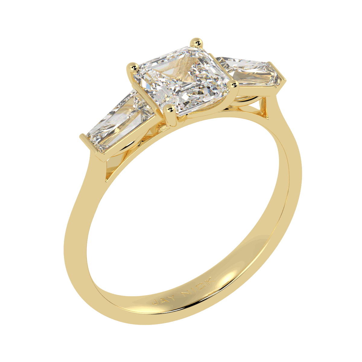 Asscher &amp; Baguette Three Stone Ring in yellow gold, perspective view