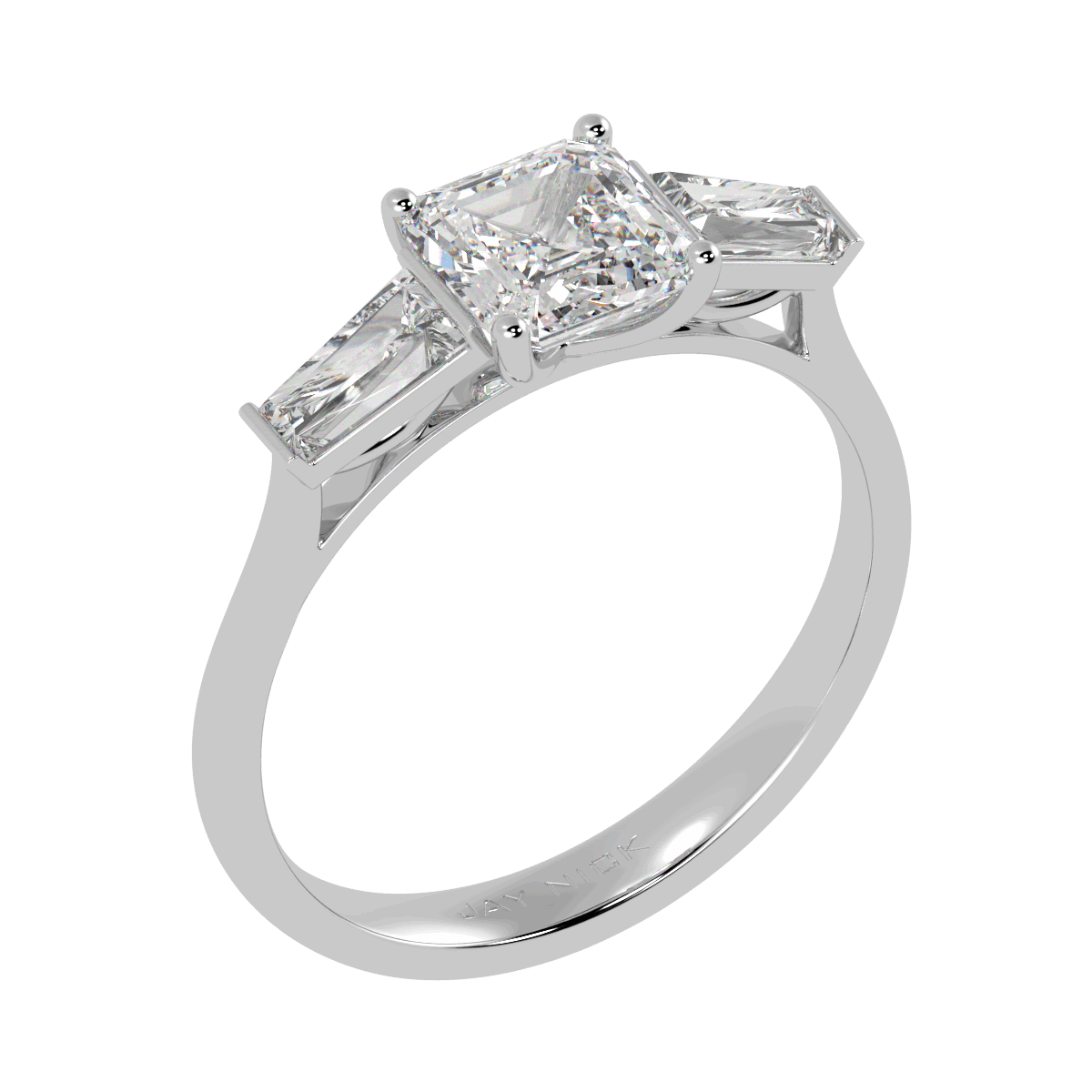 Asscher &amp; Baguette Three Stone Ring in white gold or platinum, perspective view