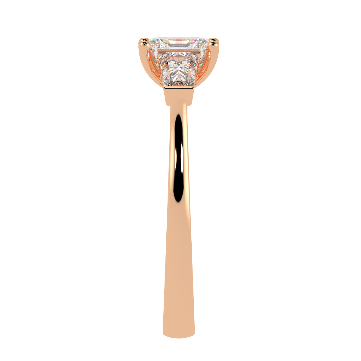 Asscher &amp; Baguette Three Stone Ring in rose gold, side view